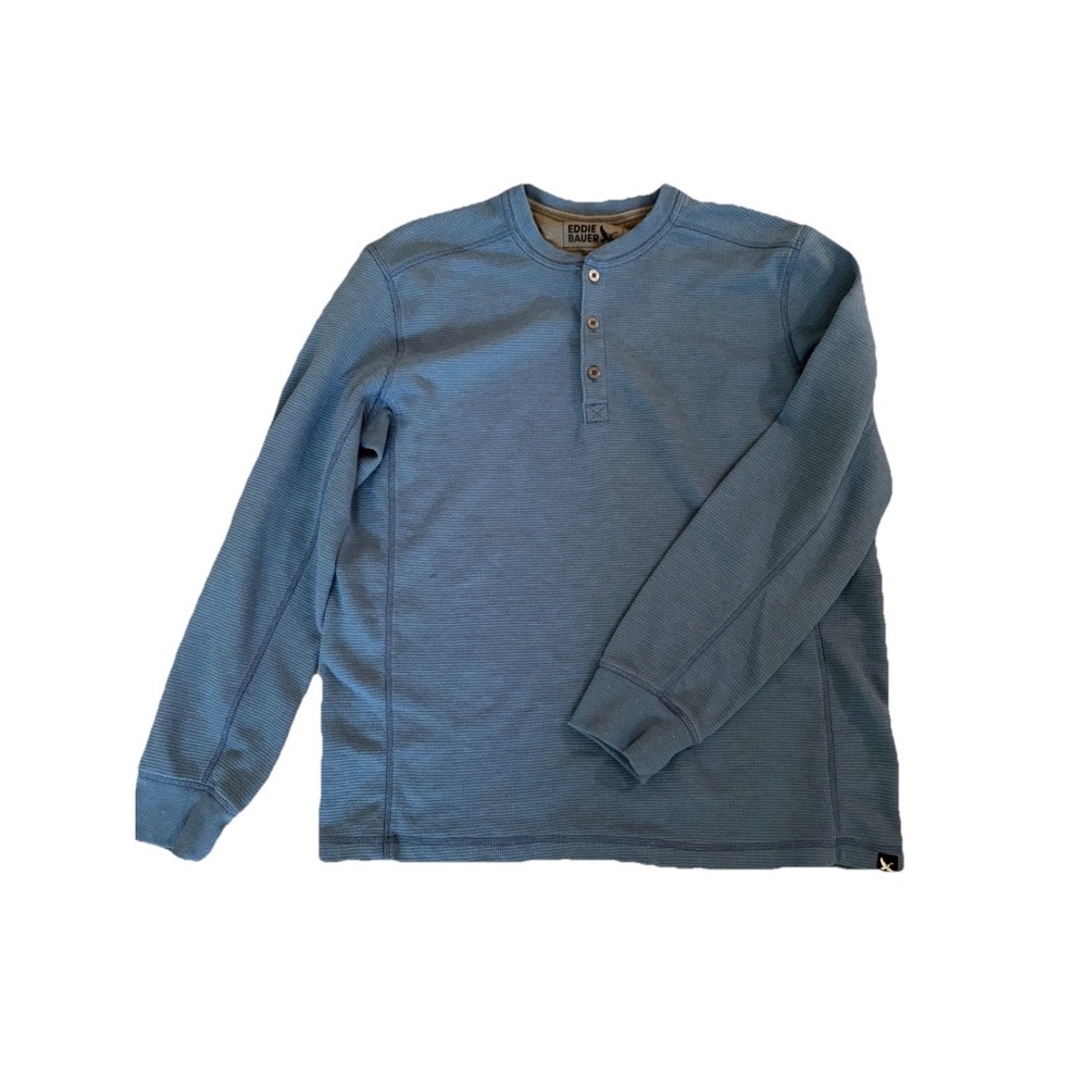 Eddie Bauer Thermal Henley Shirt Mens L‎ Blue Waffle Knit Long Sleeve Gorpcore